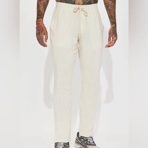 Solid Textured Linen E-Waist Side Slit Pants